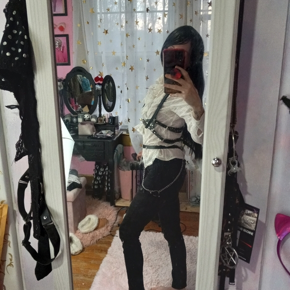 Restock! Black vegan leather dbl thigh garter harness w/chain & belt! Bondage! - Picture 10 of 16